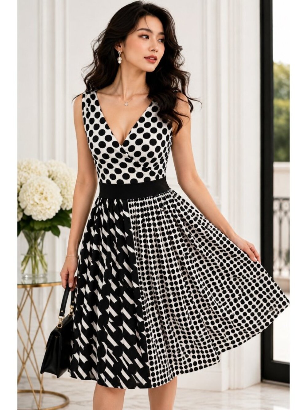 Boston Proper Polka Dot Mixed Print Sleeveless Dress Black White Size 12